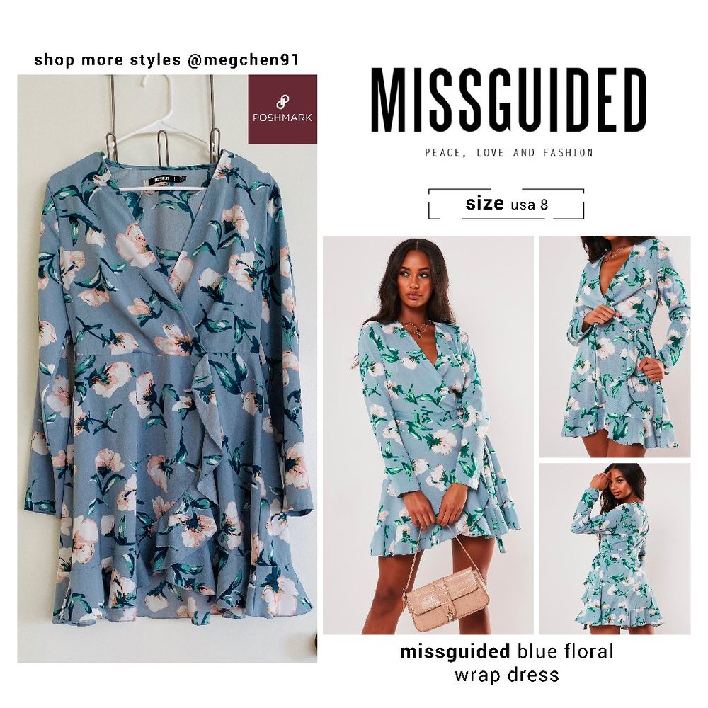 MISSGUIDED Blue Floral Wrap Front Tea Dress